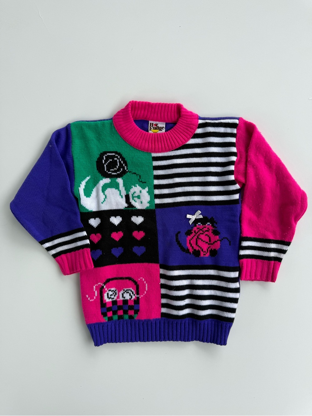 Vintage Colorblock Novelty Cat Sweater - Pink, Purple, Green